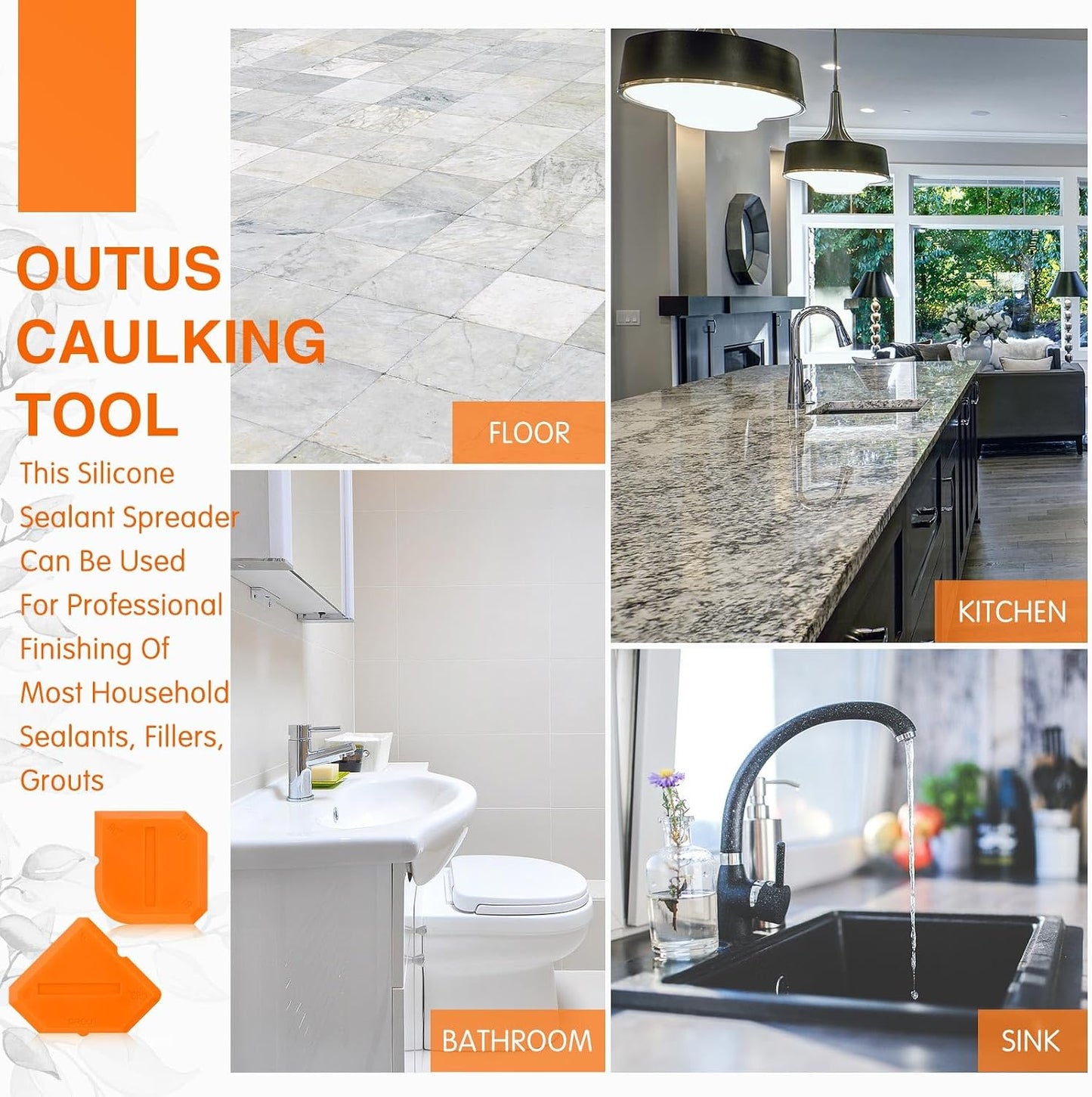 Outus 2 Pieces Caulking Tool Set Silicone Sealant Grout Tool for Kitchen Bathroom Floor Sealant Sealing(Orange)