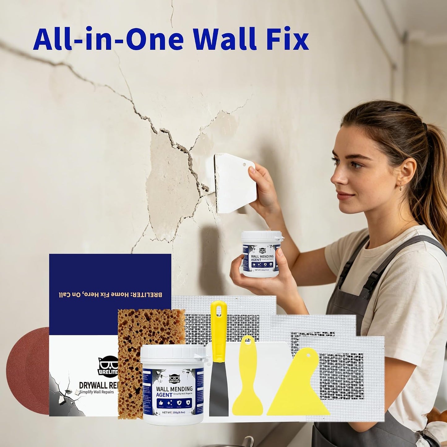 Drywall Patch Repair Kit - Drywall Repair Kit for Wall Texture, Holes, Cracks, Graffiti & Stains, Patches/Scrapers/Sandpaper/Texture Sponge/Putty Knife, Formaldehyde-Free, White (8.8oz)