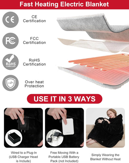 KFUBUO Wearable Heated Blanket Cordless Oversized Hoodie Sweatshirt