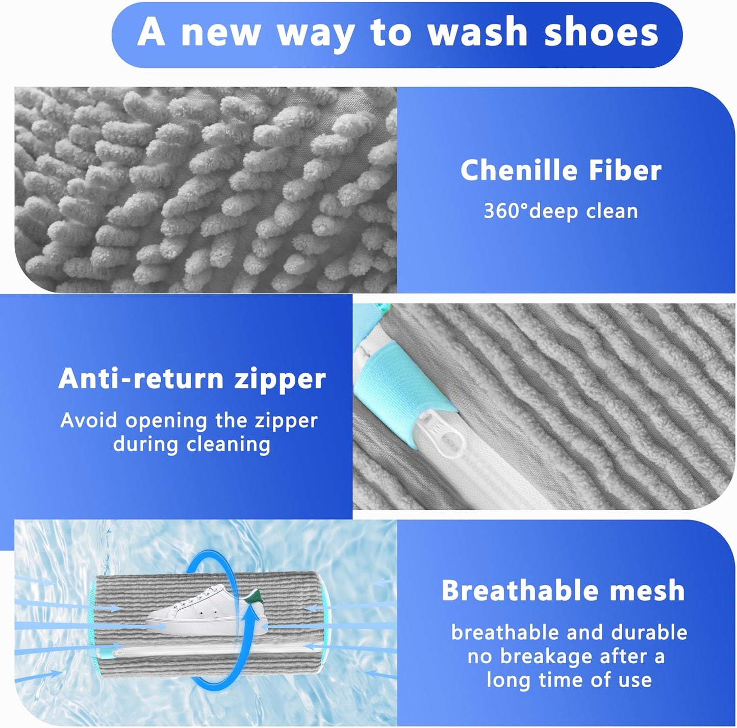 Reusable Shoe Washing Bag, 2-Pack Chenille Laundry Bag for Washer & Dryer. | Soft chenille fibers help deep clean sneakers while the hidden zipper keeps shoes secure and helps protect your washer.