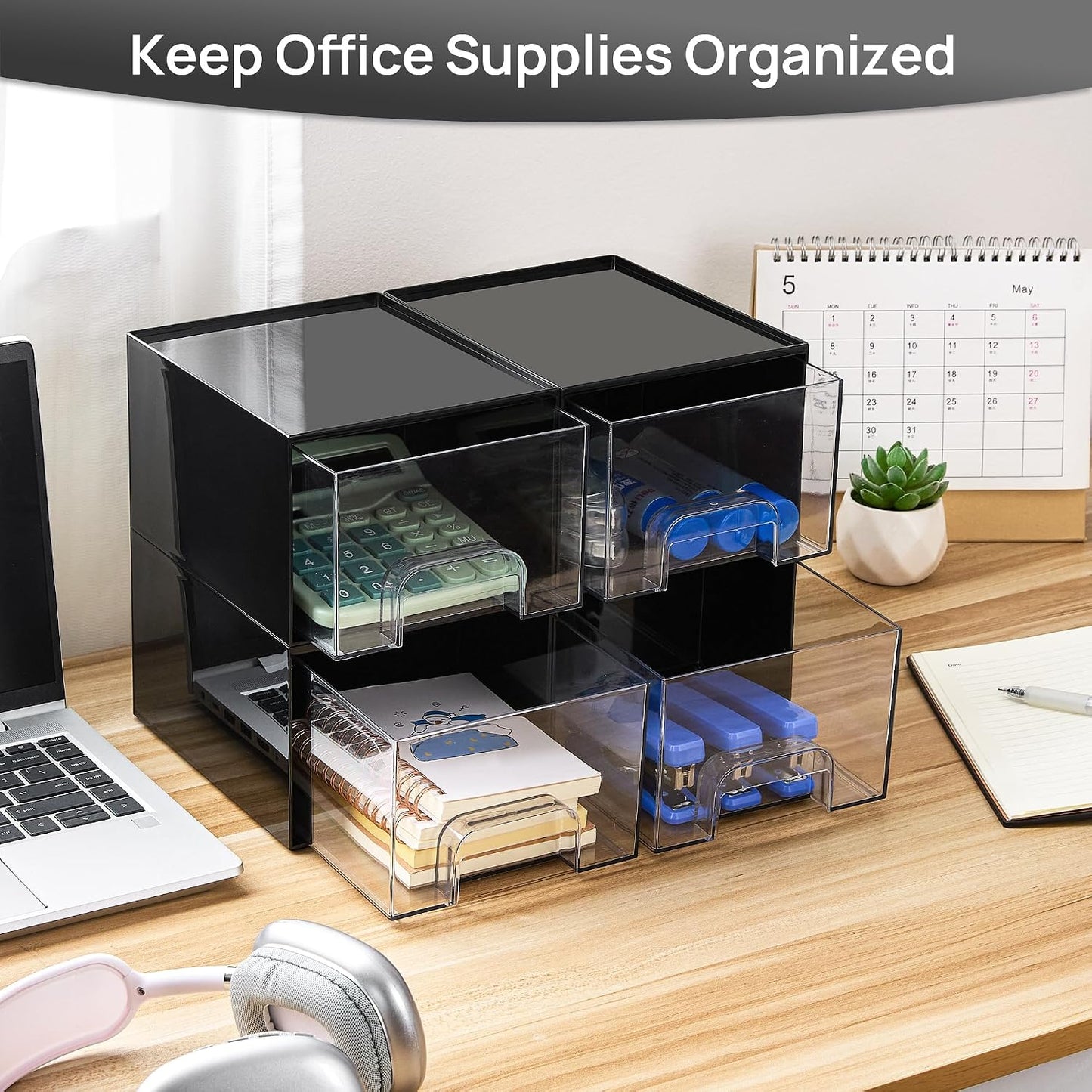 Vtopmart 4 Pack Small Clear Stackable Storage Drawers, Fits Narrow Spaces | Multi-Use Plastic Bins for Bathroom Cabinet Organizer, Makeup, Desk, Vanity, Undersink, Medicine ,Keeps Small Items Organized