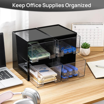 Vtopmart 4 Pack Small Clear Stackable Storage Drawers, Fits Narrow Spaces | Multi-Use Plastic Bins for Bathroom Cabinet Organizer, Makeup, Desk, Vanity, Undersink, Medicine ,Keeps Small Items Organized