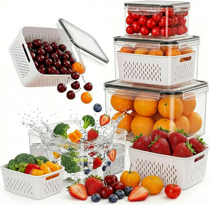 4 Pack Fruit Storage Containers for Fridge with Removable Colanders，4 in 1 Produce Storage Containers with Lids, Leakproof Fridge Organizer Bins for Salad Berry Lettuce Vegetables Meat Keeper Fresh