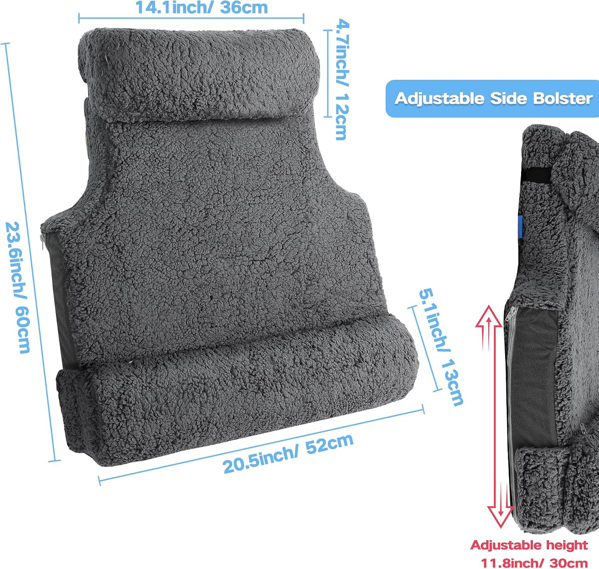3-in-1 Lumbar Support Pillow with Headrest for Recliner, Memory Foam Back Cushion Set with Adjustable Side Bolster for Targeted Lower Back Pain Relief, Plush Sherpa Fleece Cover, Grey