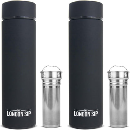 London Sip Multi-Purpose Tea Infuser Travel Mug and Tumbler Fruit Infuser Flask Hot and Cold Double Wall Stainless Steel Thermos with Extra-Long Infuser, Midnight Teal