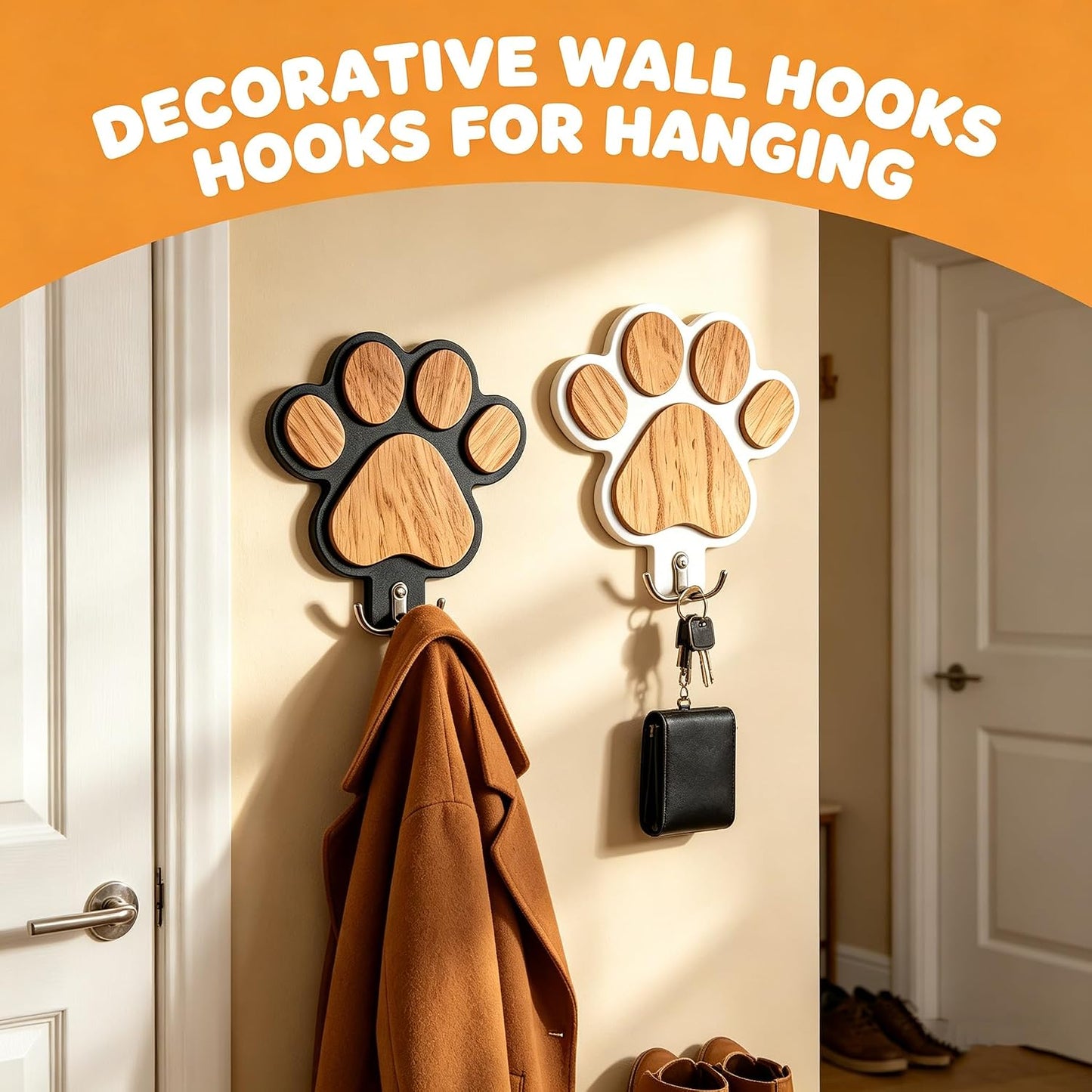 2PC 3D Wooden Dog Paw Leash Holder for Wall, Set of 2 Rustic Dog Harness & Key Organizer, Decorative Pet Paw Hooks for Leashes, Collars & Coats, Ideal Pet Lover Gift for Entryway & Mudroom