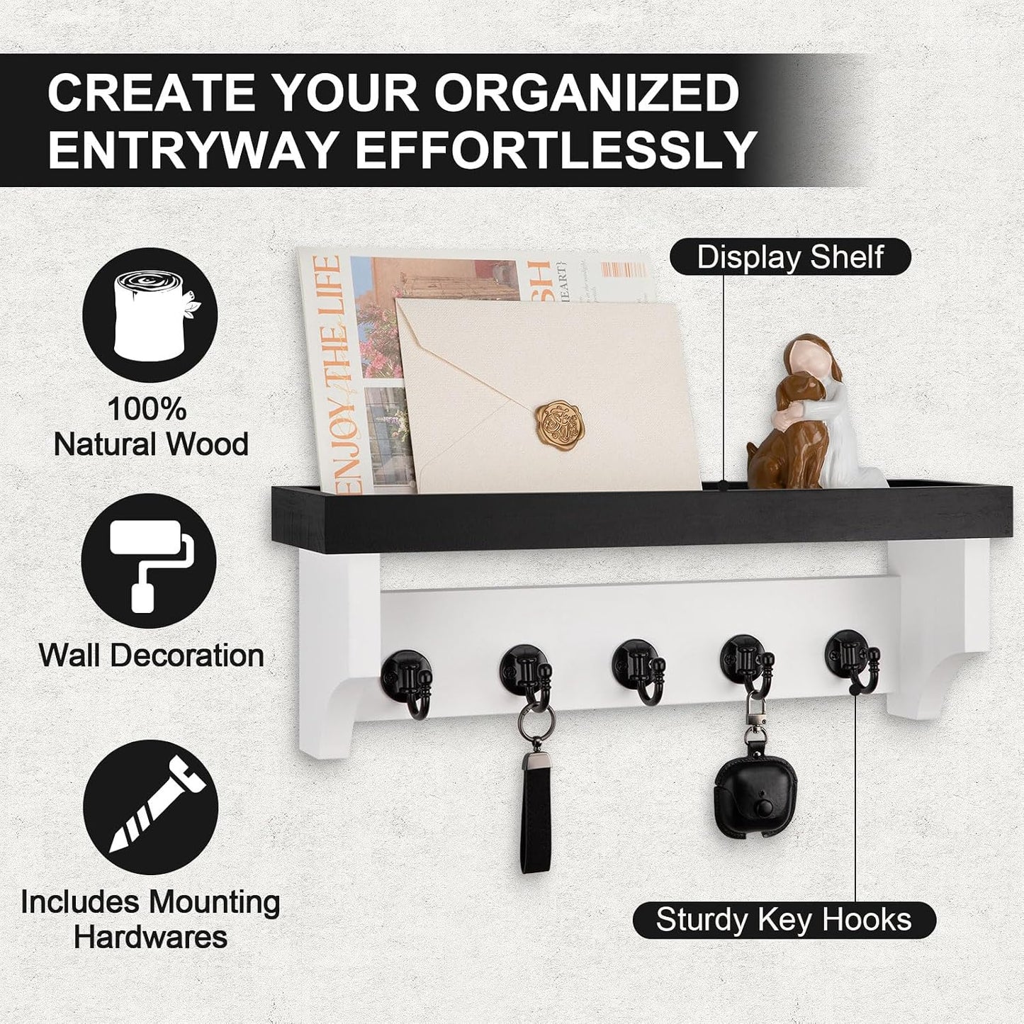 Key and Mail Holder Wall Mount, Mail Organizer with 5 Key Hooks | Key Holder with Shelf, Key Holder for Coat, Dog Leash, Home Decor Rack, Entry Way Organizer