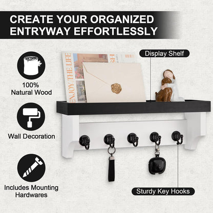 Key and Mail Holder Wall Mount, Mail Organizer with 5 Key Hooks | Key Holder with Shelf, Key Holder for Coat, Dog Leash, Home Decor Rack, Entry Way Organizer