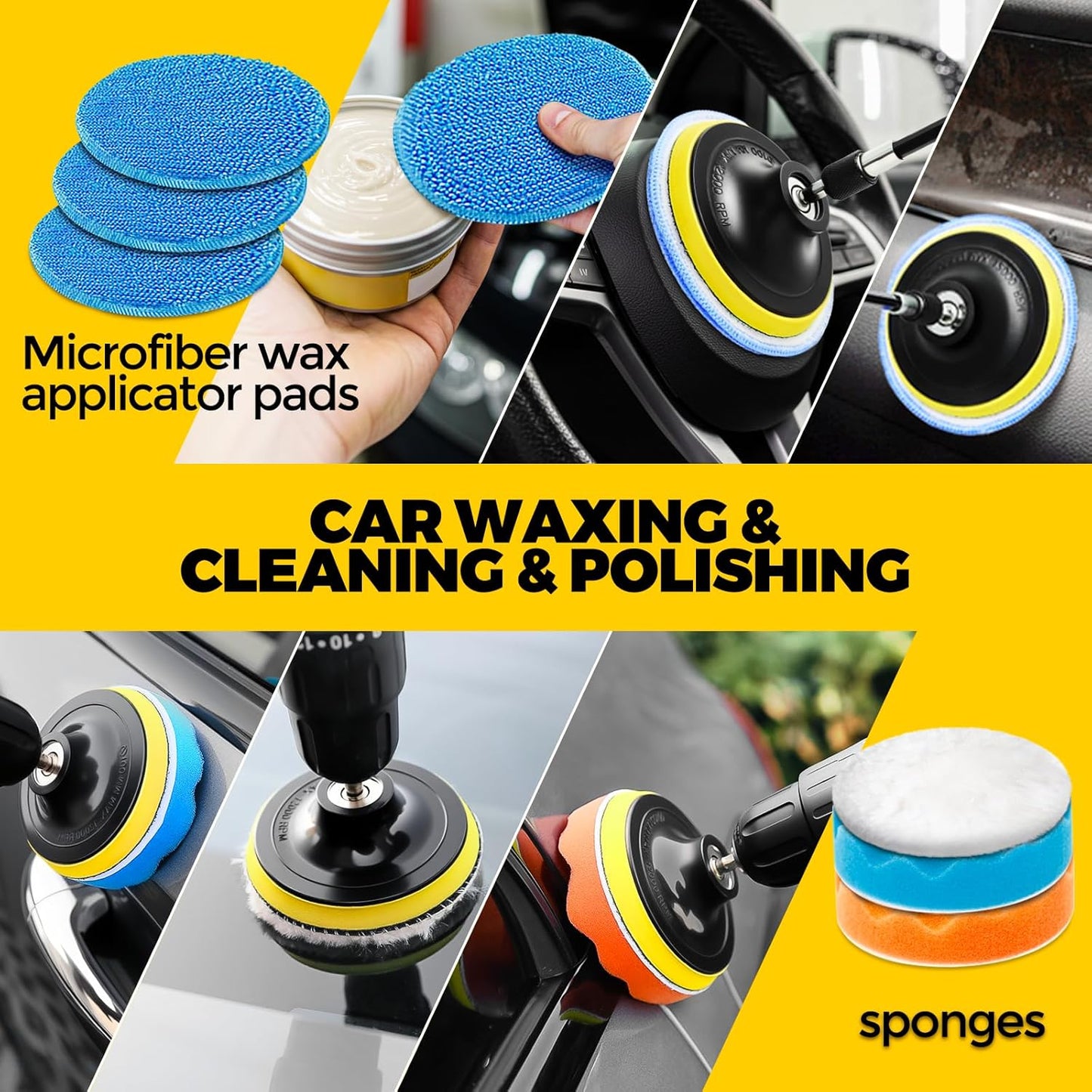 Holikme 22Pack Drill Brush Attachments Set,Scrub Pads & Sponge, Buffing Pads,Power Scrubber Brush,Car Polishing Pad Kit,Wax Applicator Pad,Car Cleaning Kit,Masonry Brushes,Cleaning Supplies | Buffing Sponges, Nylon Grout Tools, Microfiber Wax Pads, Tile