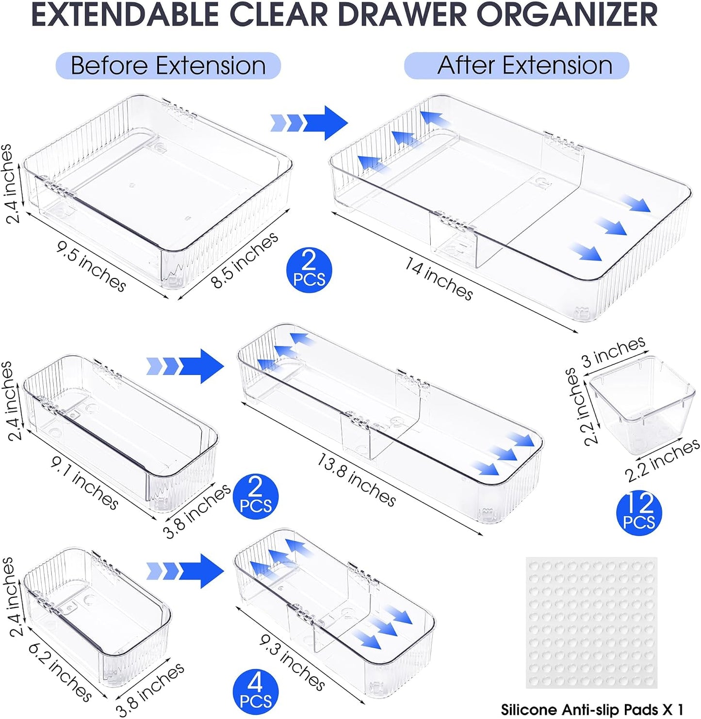 Aneco 14 Pieces Extendable Clear Drawer Organizer Adjustable Vanity Storage Box 4-Size Desk Drawer Divider Acrylic Storage Bins for Makeup, Cosmetic, Jewelries, Bedroom Kitchen Utensils Gadgets