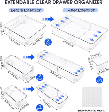 Aneco 14 Pieces Extendable Clear Drawer Organizer Adjustable Vanity Storage Box 4-Size Desk Drawer Divider Acrylic Storage Bins for Makeup, Cosmetic, Jewelries, Bedroom Kitchen Utensils Gadgets