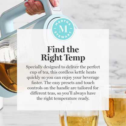 Martha Stewart 1.7L Glass Carafe Electric Kettle with Removable Tea Infuser | 7 Cups, 4 Presets, Rapid Boiling, Stainless Steel Tea Leaf Infuser, Cordless Swivel Base, Keep Warm, Auto Shut-Off, Linen