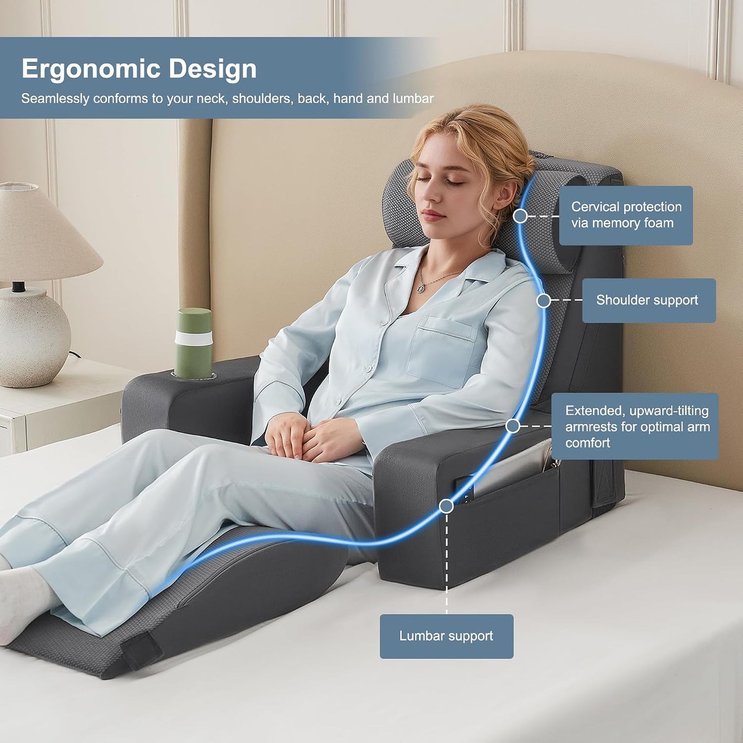 Reading Pillow for Bed with Adjustable Armrests and Side Pockets, Back Pillow for Bed Sitting Up, Sit Up Pillow, and Bed Pillows for Sitting Up, Ideal for Reading, Watching TV and Relaxing, Light Gray