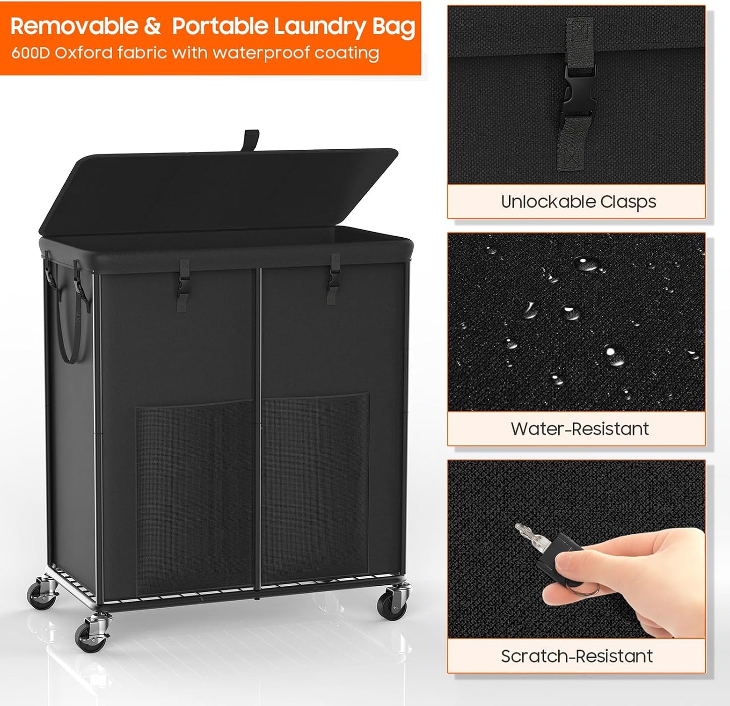Laundry Hamper with Wheels, 150L Rolling Laundry Basket with Bag & Handles | Sturdy Metal Frame | Removable Bag | Large & Tall Dirty Clothes Hampers for Laundry Room, Bedroom, Dorm, Bathroom-Black
