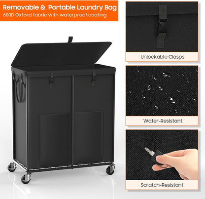 Laundry Hamper with Wheels, 150L Rolling Laundry Basket with Bag & Handles | Sturdy Metal Frame | Removable Bag | Large & Tall Dirty Clothes Hampers for Laundry Room, Bedroom, Dorm, Bathroom-Black