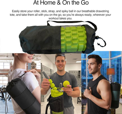 5-in-1 Massage Set, Complete Mobility Kit for Workout Recovery | Deep Tissue Roller for Legs, Spikey Foot Ball, Hamstring Stretch Strap, Quad Roller Stick, Carry Bag
