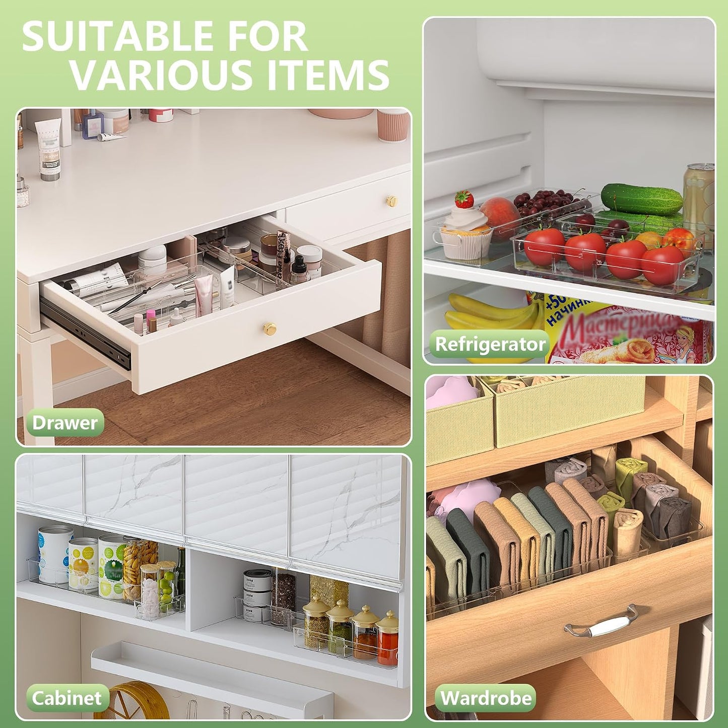 BLULEE 4-in-1 Expandable Drawer Organizer Set, Adjustable Clear Bins | with Dividers for Kitchen, Bathroom, Vanity & Office, Scalable Trays for Cosmetics, Utensils & Desk Accessories (4 Pcs)