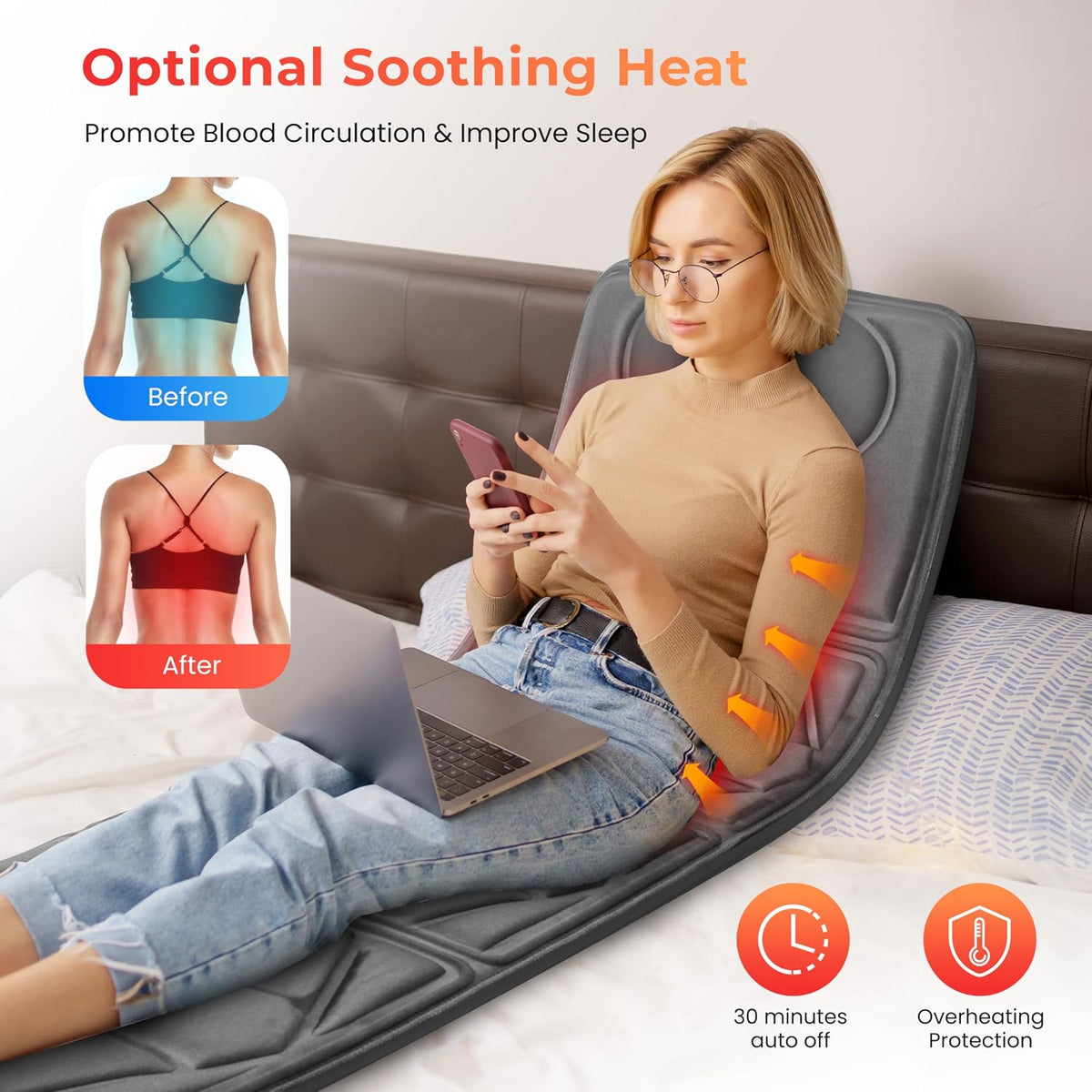 CuPiLo Heated Massage Mat for Bed, Back Massager with Heat & Vibration