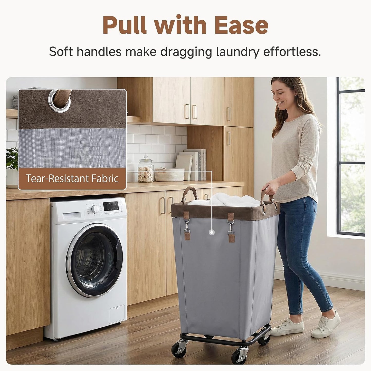 StorageWorks 160L Laundry Basket with Wheels, Rolling Hampers for Clothing | Beige Laundry Basket with Wheels, Metal Frame & Handles, Rolling Hamper for Bedroom, Bathroom, Dorm, Hotel