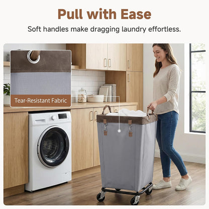 StorageWorks 160L Laundry Basket with Wheels, Rolling Hampers for Clothing | Beige Laundry Basket with Wheels, Metal Frame & Handles, Rolling Hamper for Bedroom, Bathroom, Dorm, Hotel