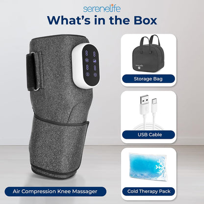 SereneLife 3-in-1 Air Compression Knee Massager with Heat and Vibration, Rechargeable Cordless Knee Wrap, 4 Airbags, 4 Vibration Modes, 2 Heat Settings, Smart LED Controller, Ice Pack, Carry Bag