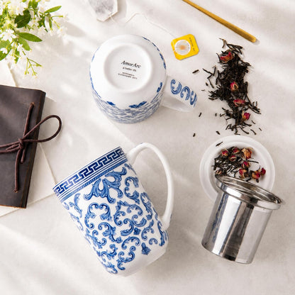 AmorArc Tea Cup With Infuser and Lid, 18oz Loose Leaf Tea Mug With Steeper | Porcelain Tea Mug With Infuser and Lid, Large Strainer Tea Cup with Lid for Tea, Coffee Mug for House-warming Birthday Gift