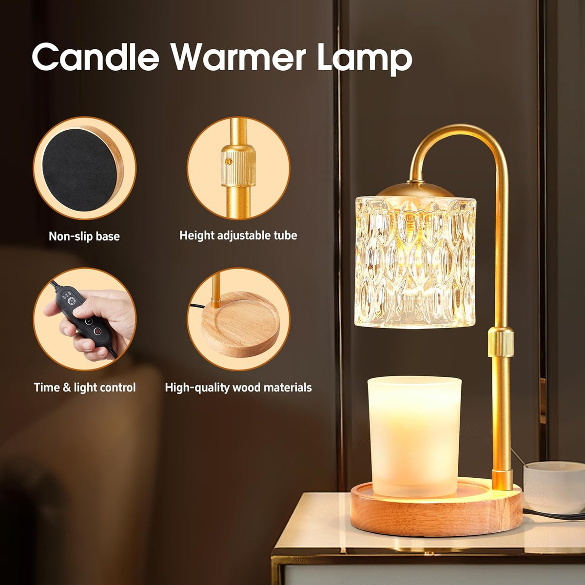 Briever Dimmable Candle Warmer Lamp with Timer, Height Adjustable Electric Candle Wax Warmer, Christmas Birthday Gifts for Women Mom, House Warming Gifts New Home Room Decor, Black Solid Wood Base