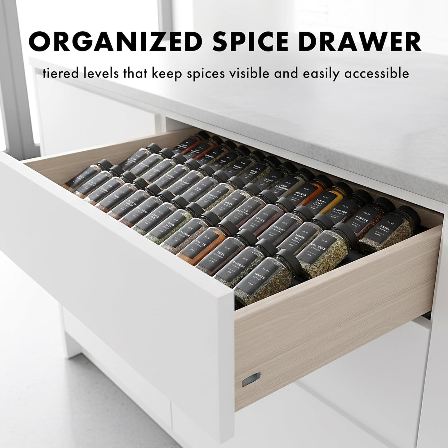 Bamboo Spice Drawer Organizer - Expandable 4 Tier Spice Rack (Need 3" Deep Drawer) 12" to 24" Wide, Seasoning Organizer, Organization Seasoning Rack insert (Jars Not Included)