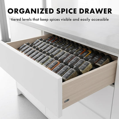 Bamboo Spice Drawer Organizer - Expandable 4 Tier Spice Rack (Need 3" Deep Drawer) 12" to 24" Wide, Seasoning Organizer, Organization Seasoning Rack insert (Jars Not Included)