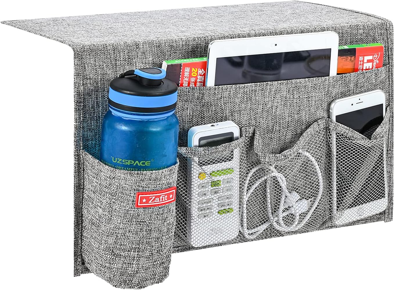 Zafit Linen 4 Pockets Bedside Caddy, Bedside Storage Organizer for Magazine, Remotes, Phone (Beige, Classic 4 Pockets)