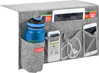 Zafit Linen 4 Pockets Bedside Caddy, Bedside Storage Organizer for Magazine, Remotes, Phone (Beige, Classic 4 Pockets)