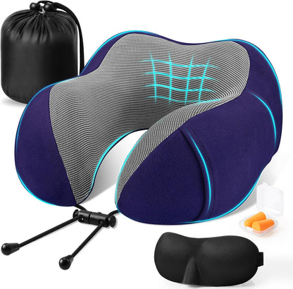 CloudBliss Neck Pillow for Airplanes, Memory Foam Travel Pillow, Black | Compact Flight Pillow with Eye Mask, Earplugs, Carry Bag, Travel Neck Pillow for Long Flight Sleep, Plane Travel Essentials