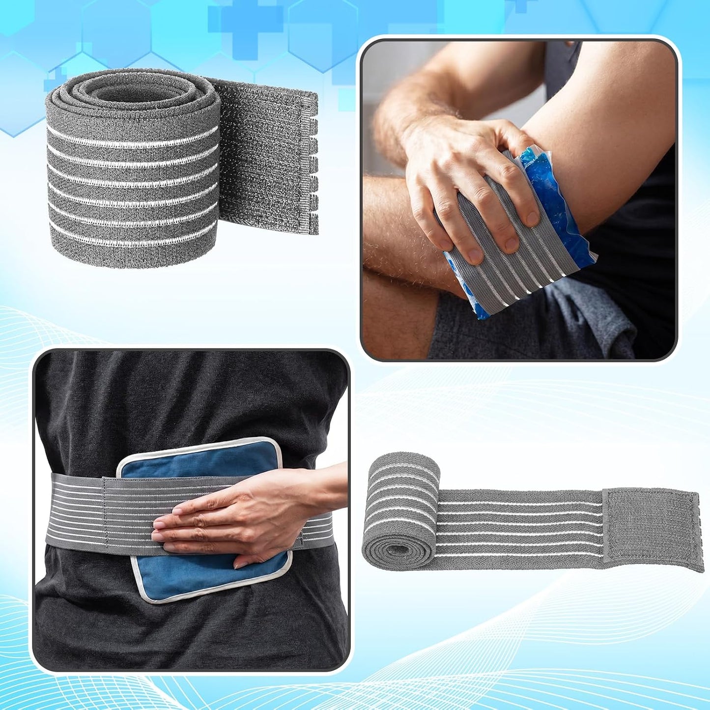 Geiserailie Ice Pack Strap Stretchable, 4 Size Elastic Reusable Ice Belt Extender, Adjustable Hook and Loop Extension Straps Add Length to Most Hot Cold Therapy (4 Pcs,Blue)