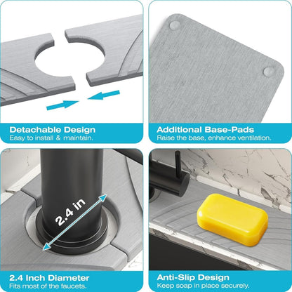SpaceHacks Stone Faucet Mat for Kitchen Sink 23.7x4 in, Light Gray | Fast Drying Diatomite Stone Drying Mat, Water Splash Guard, Textured Drainage Sink Protector, Suits Bathroom&Kitchen Counter