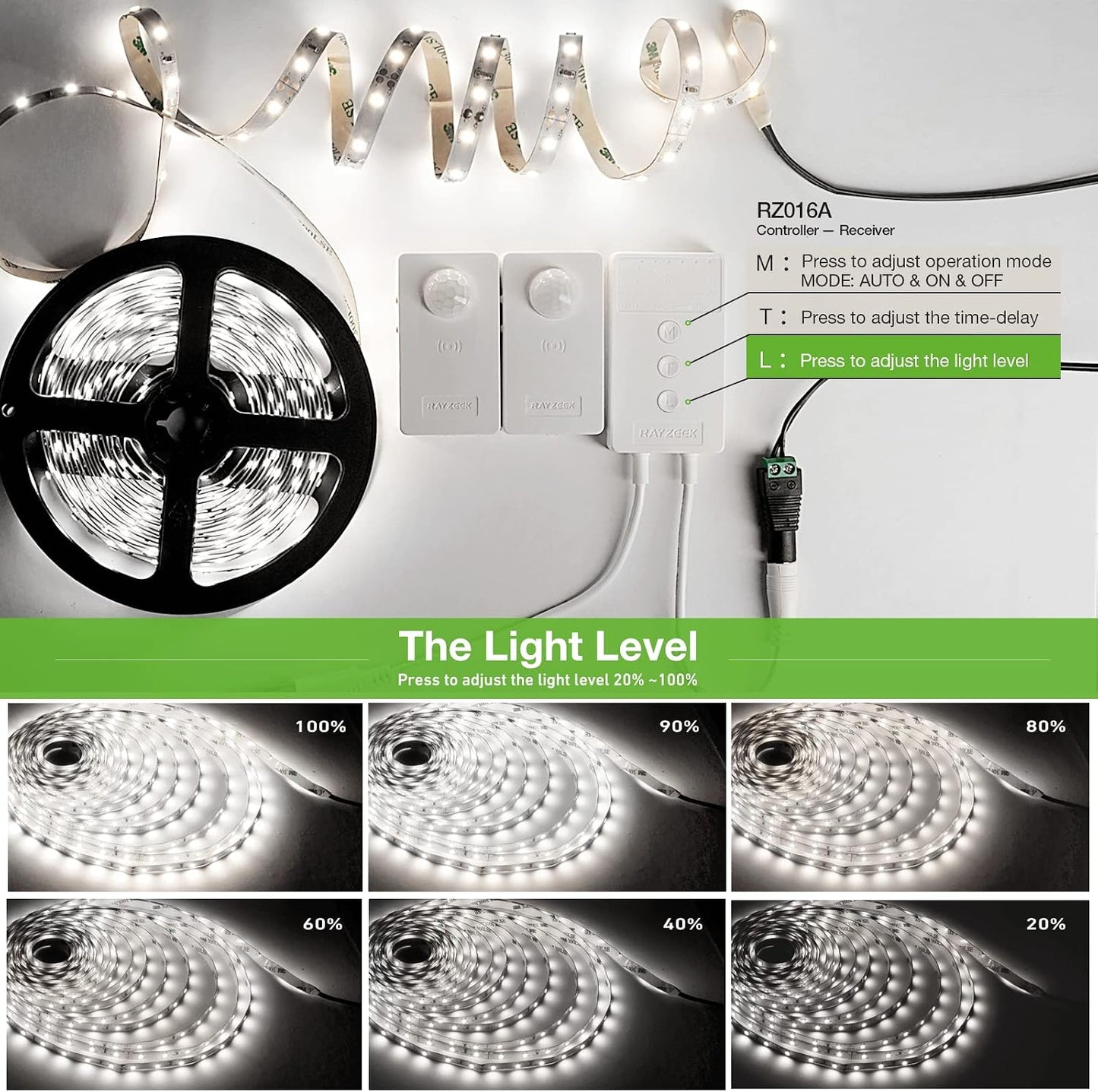 RAYZEEK Wireless Motion Activated LED Strip Lights,19.7FT LED Strip Lights with Power Adapter,Wireless Motion Sensor Control Dimmer,Timing,Cool White (1×Controller+2×Motion Sensor)