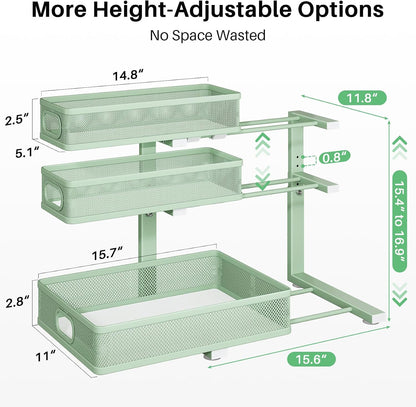 Kitstorack Under Sink Organizer, 2-Pack 3-Tier Height Adjustable Thickened Metal Pull out Cabinet Organizer Shelf, Slide out Storage Drawer Rack for Bathroom Kitchen Pantry Home Laundry Organization
