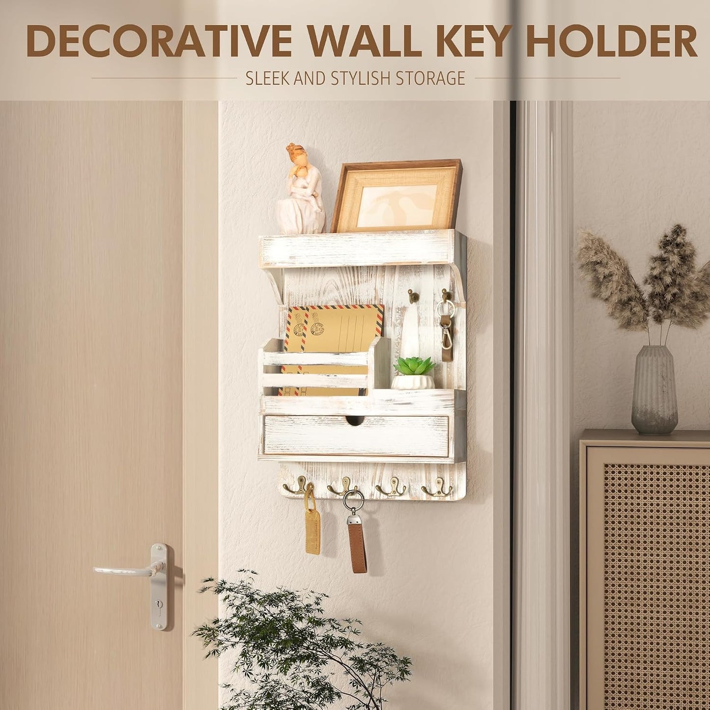 Rebee Vision Key Holder Wall Mount with Drawer Organizer for Entryway,Brown | Pine Wood, 6 Key Hooks, Display Shelf for Plants, Mail Slot for Storage Letter, Multi-Funtional Design, Home Storage