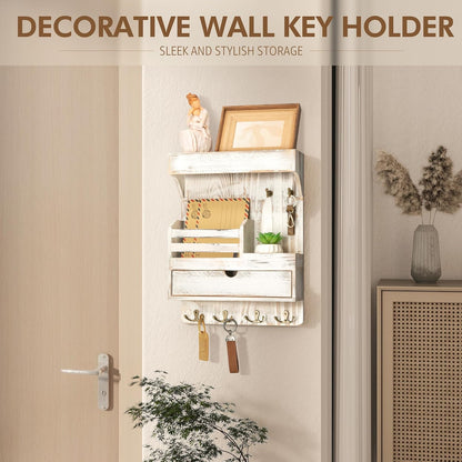 Rebee Vision Key Holder Wall Mount with Drawer Organizer for Entryway,Brown | Pine Wood, 6 Key Hooks, Display Shelf for Plants, Mail Slot for Storage Letter, Multi-Funtional Design, Home Storage