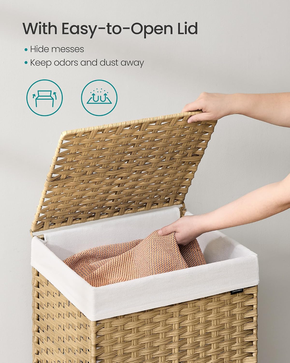 SONGMICS Laundry Hamper with Lid, 42.3 Gallons (160 L), Rolling Laundry Basket with Wheels, 3-Section Synthetic Rattan, Removable Liner, Bedroom, 29.9 x 13 x 26 Inches, Natural ULCB365N01