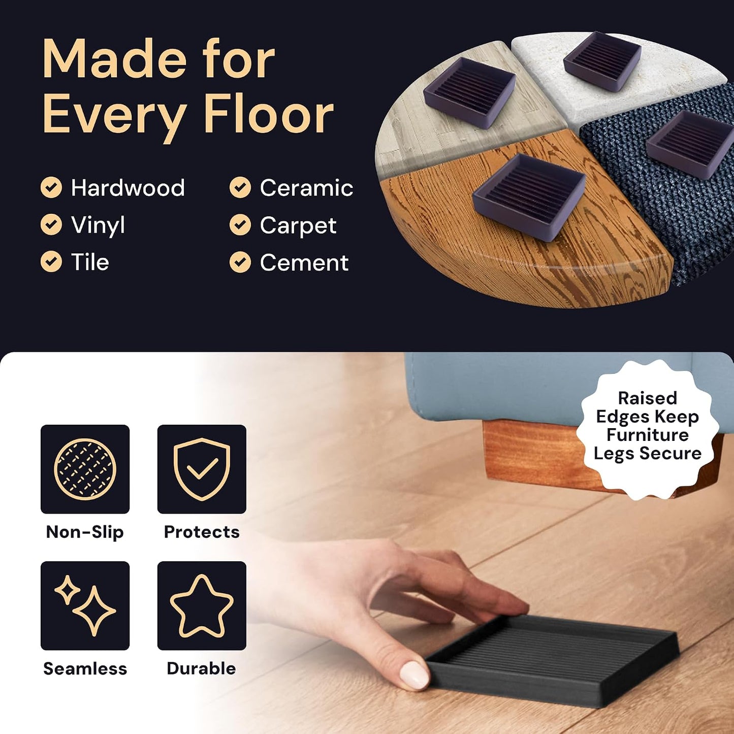 Non-Slip Furniture Pads - 4x4 in Brown, 4 Pack | Square rubber caster cups - anti-skid - Use for heavy sofas, beds & chairs on hardwood floors