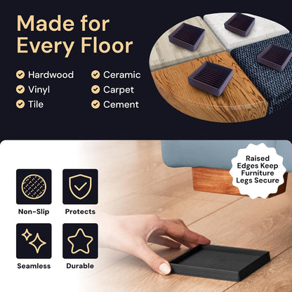 Non-Slip Furniture Pads - 4x4 in Brown, 4 Pack | Square rubber caster cups - anti-skid - Use for heavy sofas, beds & chairs on hardwood floors