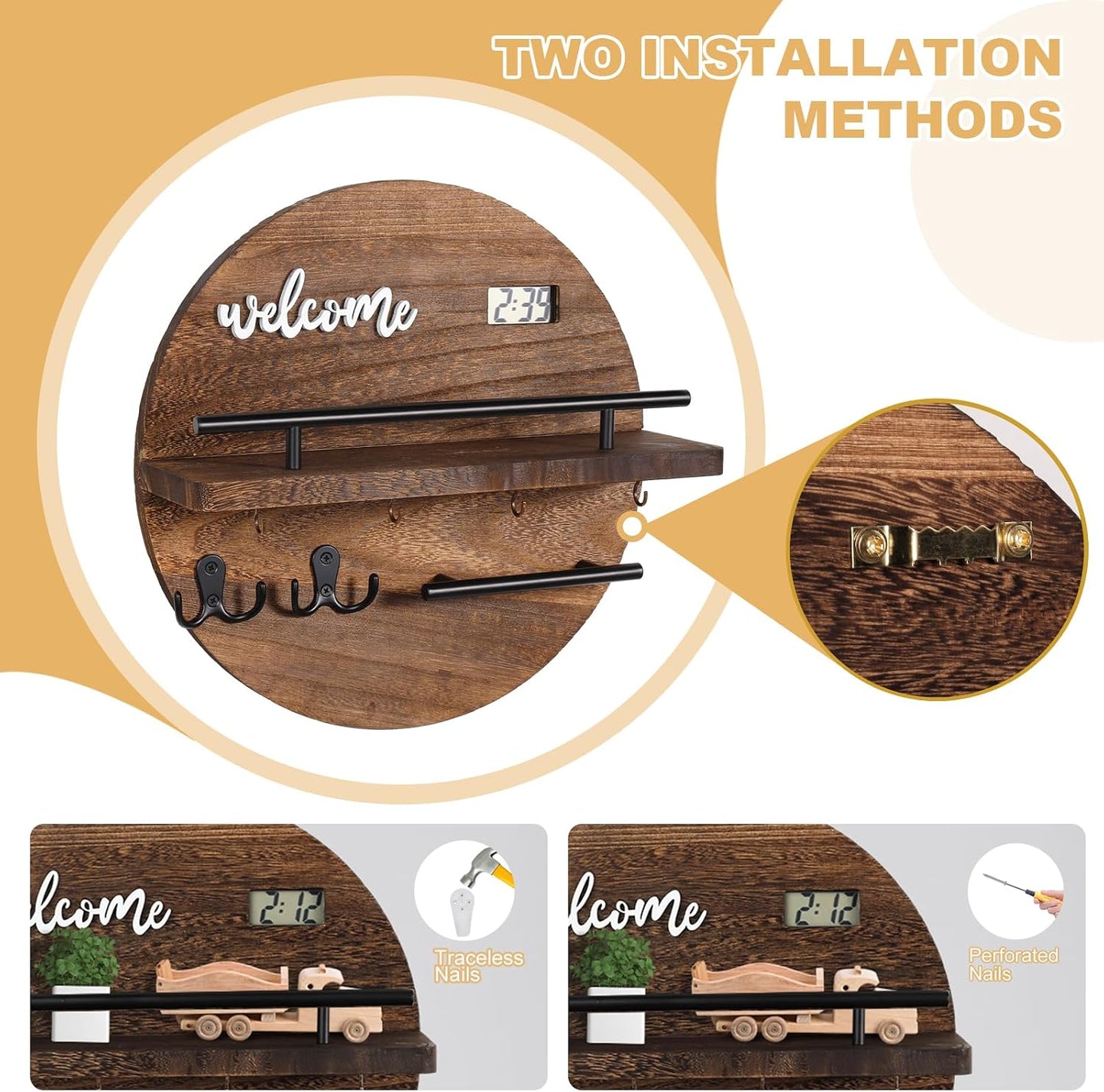 Key Holder for Wall, Key and Mail Holder Organizer with - Key Holder Wall Mount - Round Wooden Rustic Home Decor for Entryway, Mudroom, Hallway, Kitchen Office (Black)