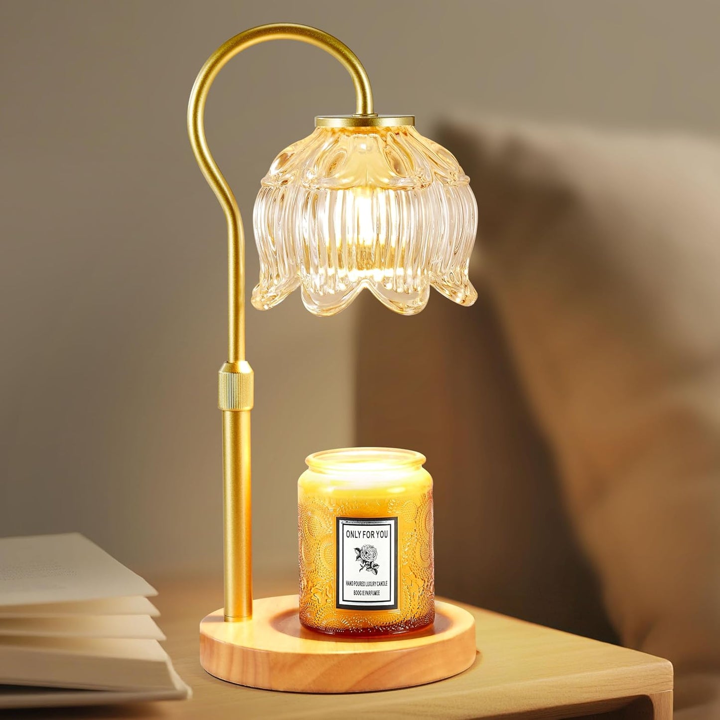 Dreamholder Electric Candle Warmer Lamp with Timer & Dimmer, Adjustable Height Wax Melt Warmer for Jar Candles, Wood Base Candle Melter, Floral Home Decor Gifts for Women, Mom, Natural Wood