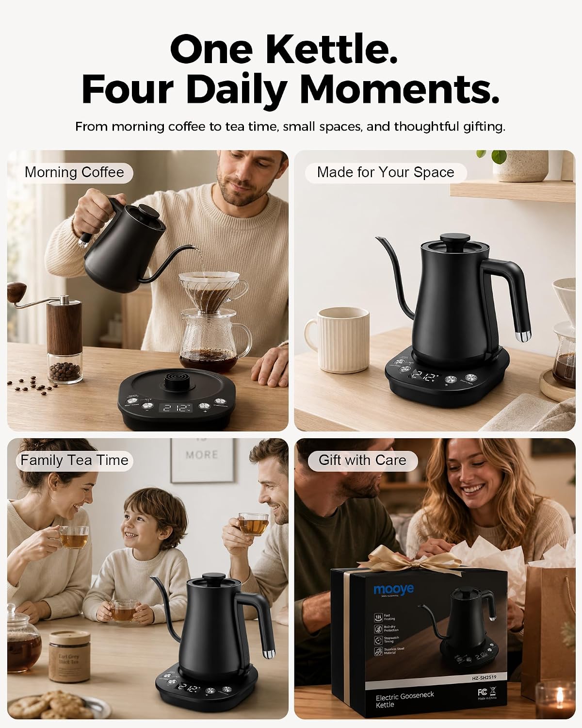 Gooseneck Electric Kettle with ±1℉ Temperature Control, 304 Stainless Steel Interior, BPA Free, 1200 Watt Rapid, Brew Timer, Automatic Shut Off for Pour Over Coffee, Brew Tea（Matte Black）
