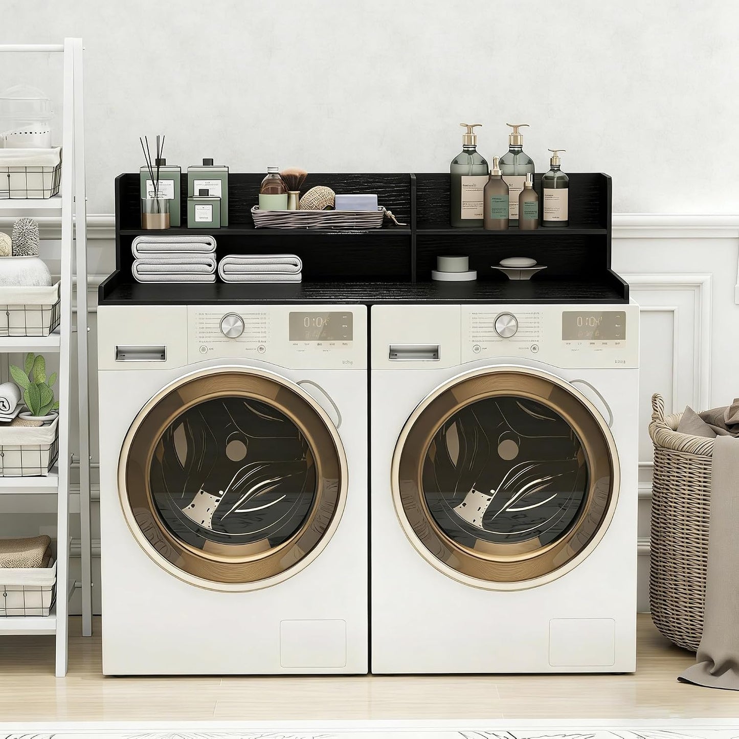 2 Tier Wooden Washer Dryer Topper, Large Laundry Countertop Cover, Walnut | Washer And Dryer Topper Non-Slip Pads,Over Washer And Dryer Shelves For Clothes Folding,Space Saving Laundry Room Organizer