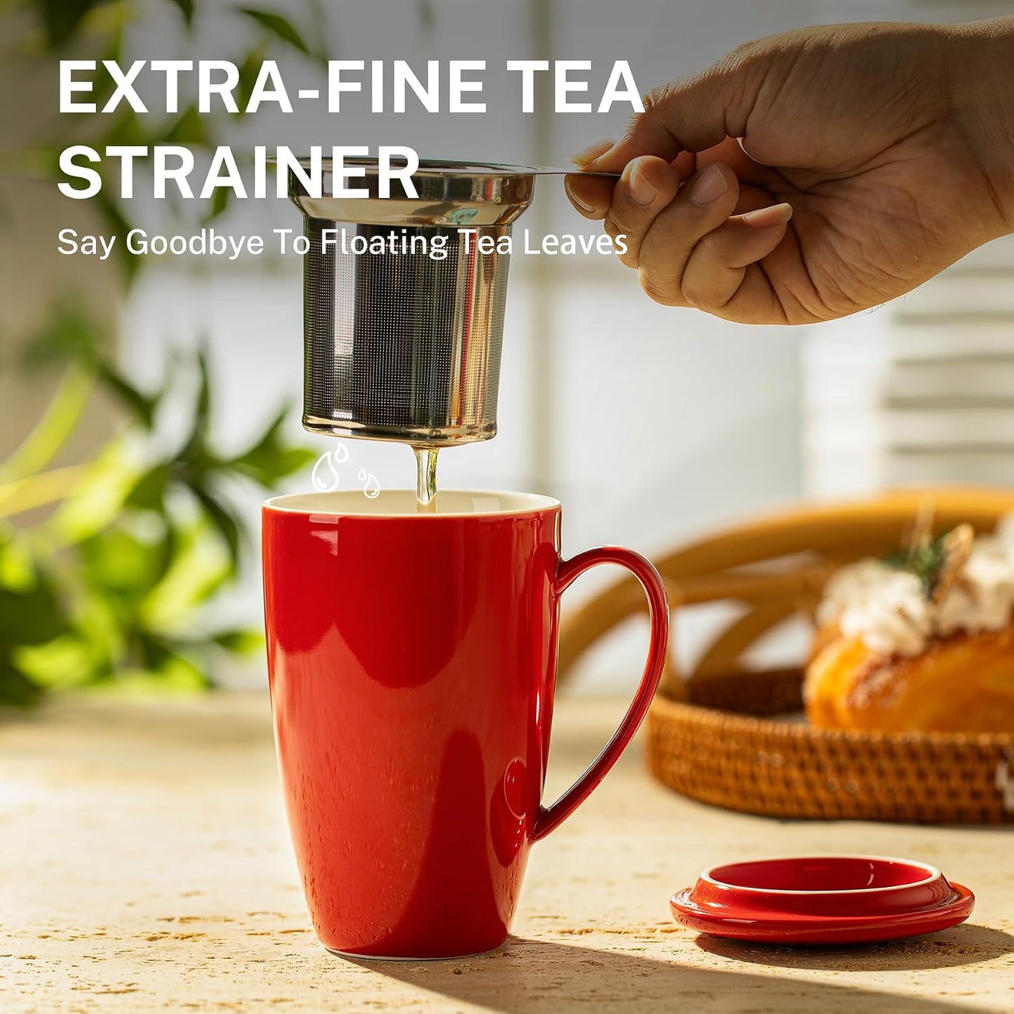 Sweese 15oz Porcelain Tea Mug with Infuser and Lid – Microwave Safe, Ergonomic Handle, Lead-Free Glaze, for Loose Leaf Tea