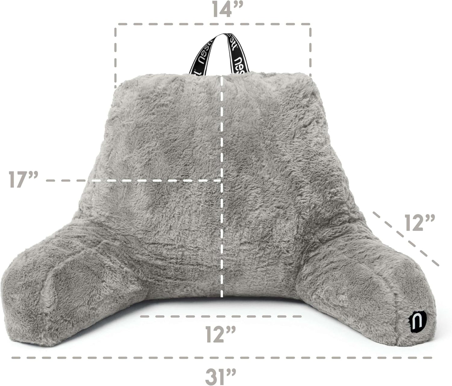 Nestl Fur Reading Pillow with Shredded Memory Foam, Stylish Back Pillow for Bed Sitting Up, Faux Fur Reading Pillows for Sitting in Bed Adult & Kids, Sit Up Back Support Pillow with Arms - Dark Grey