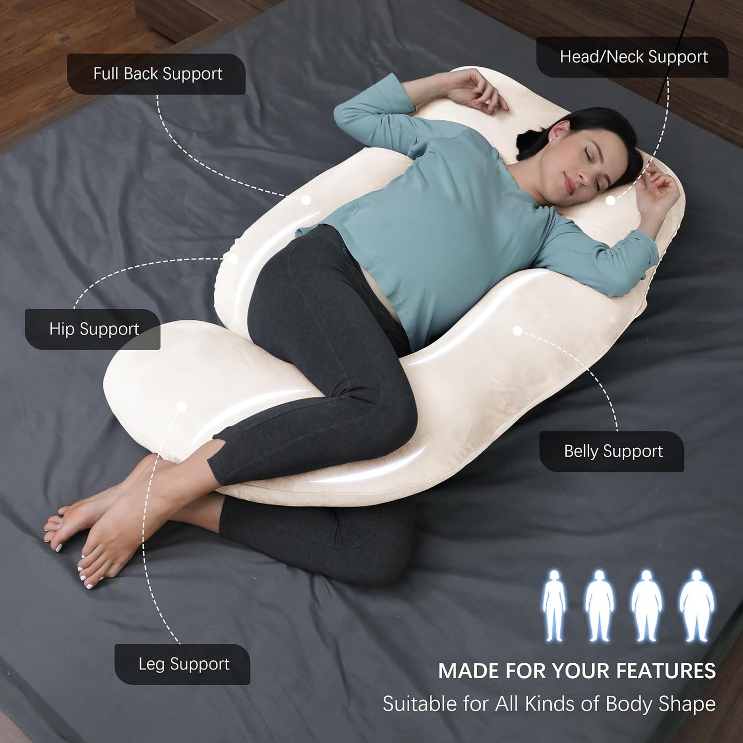 MOON PARK Pregnancy Pillows for Sleeping - 57 Inch U Shaped Full Body Maternity Pillow with Removable Cover - Support for Back, Legs, Belly, Hips - Pregnancy Pillow for Women - Grey