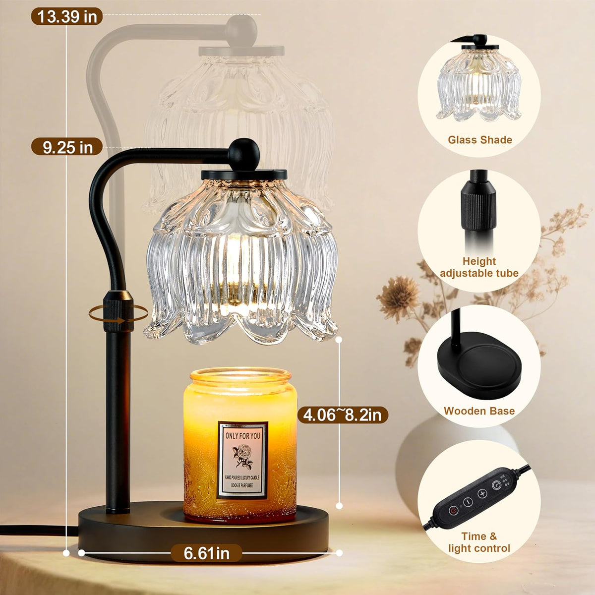 CASTLELIFE Electric Candle Warmer Lamp with Timer & Dimmer, Height Adjustable Wax Warmer for Jar Candles, Flower Wax Melter with Wood Base, Home Decor House Warming Gifts for Women Mom, Natural Wood
