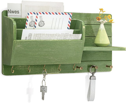 Rebee Vision Pine Wood Key Holder Wall Mount with Mail Sorter, Light Brown | Display Shelf, 8 Key Hooks, 3 Mail Sorters, Mail Organizer for Letters, Papers, Key Holder for Wall, Keep Entryways Tidy